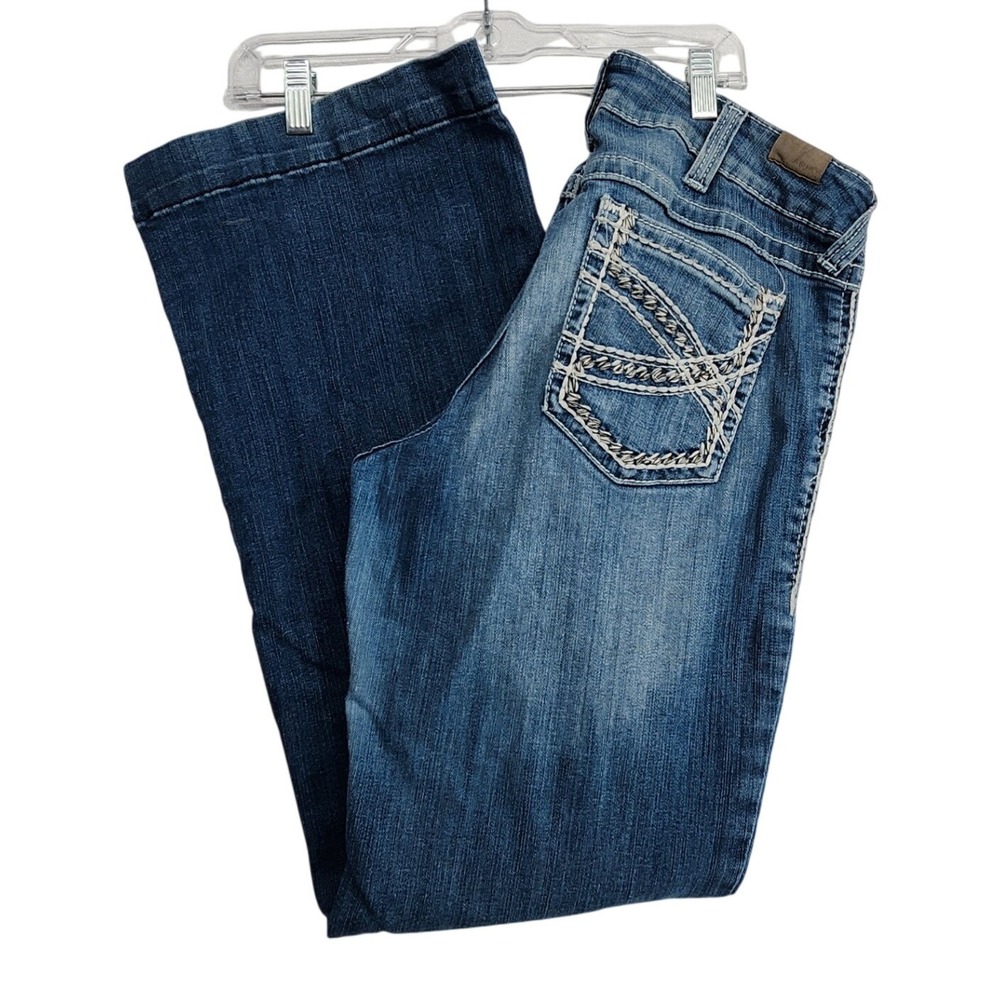 Arizia 32R Blue Trouser Flare Jeans Western Boho Thick Stitch Y2K Rodeo Cowgirl